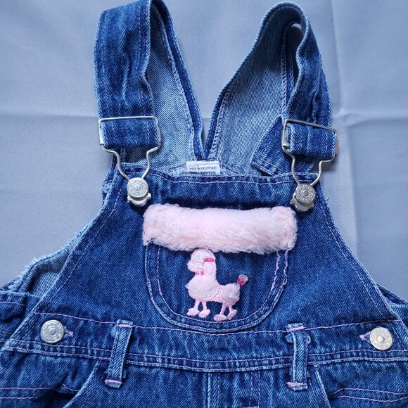Rare Vintage Y2K Overalls Blue Denim Pink Fur Trim Baby Girls 18 Mo Poodle Dog - Picture 6 of 9